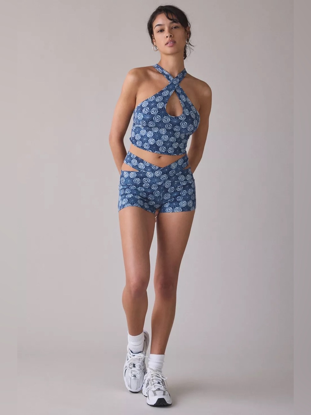 Urban Outfitters •  Out From Under Blue Geometric Crop Top & Bike Shorts Set